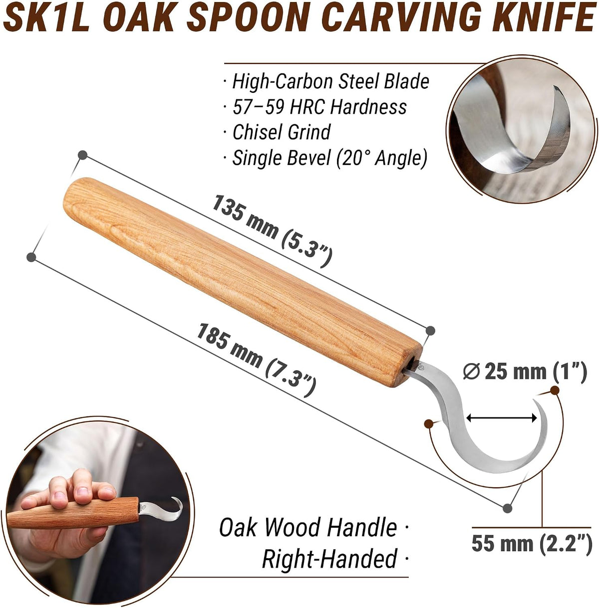 Hook Knife Wood Spoon Carving Tools SK1L - Spoon Carving Knife for Bowls Spoons Kuksa and Cups - Crooked Whittling Knives Left-Handed - Whittling Tools for Carvers