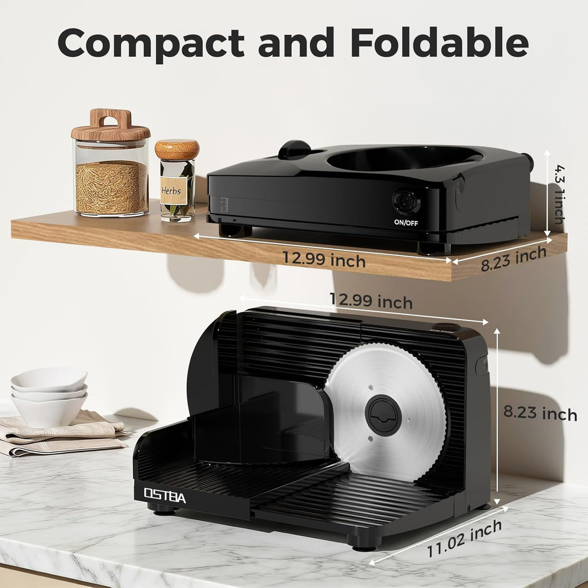 Foldable Electric Food Slicer, Adjustable Thickness 0–15mm, 6.7” Stainless Steel Blade, 150W Motor, Portable & Easy-to-Clean, Meat, Cheese, Bread, and Vegetable Slicer for Home Kitchen, Black