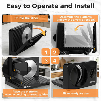 Foldable Electric Food Slicer, Adjustable Thickness 0–15mm, 6.7” Stainless Steel Blade, 150W Motor, Portable & Easy-to-Clean, Meat, Cheese, Bread, and Vegetable Slicer for Home Kitchen, Black