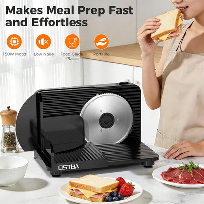 Foldable Electric Food Slicer, Adjustable Thickness 0–15mm, 6.7” Stainless Steel Blade, 150W Motor, Portable & Easy-to-Clean, Meat, Cheese, Bread, and Vegetable Slicer for Home Kitchen, Black