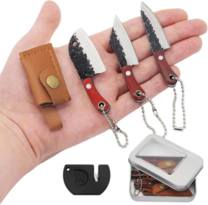 Mini Knife Set, Pocket Knife with Sharpener, Tiny knife Cleaver Keychain Tiny Things for Package Opener, Box Cutter, Letter Opener - Set of 3