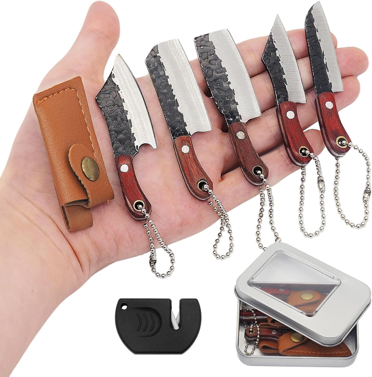 Mini Knife Set, Pocket Knife with Sharpener, Tiny knife Cleaver Keychain Tiny Things for Package Opener, Box Cutter, Letter Opener - Set of 3