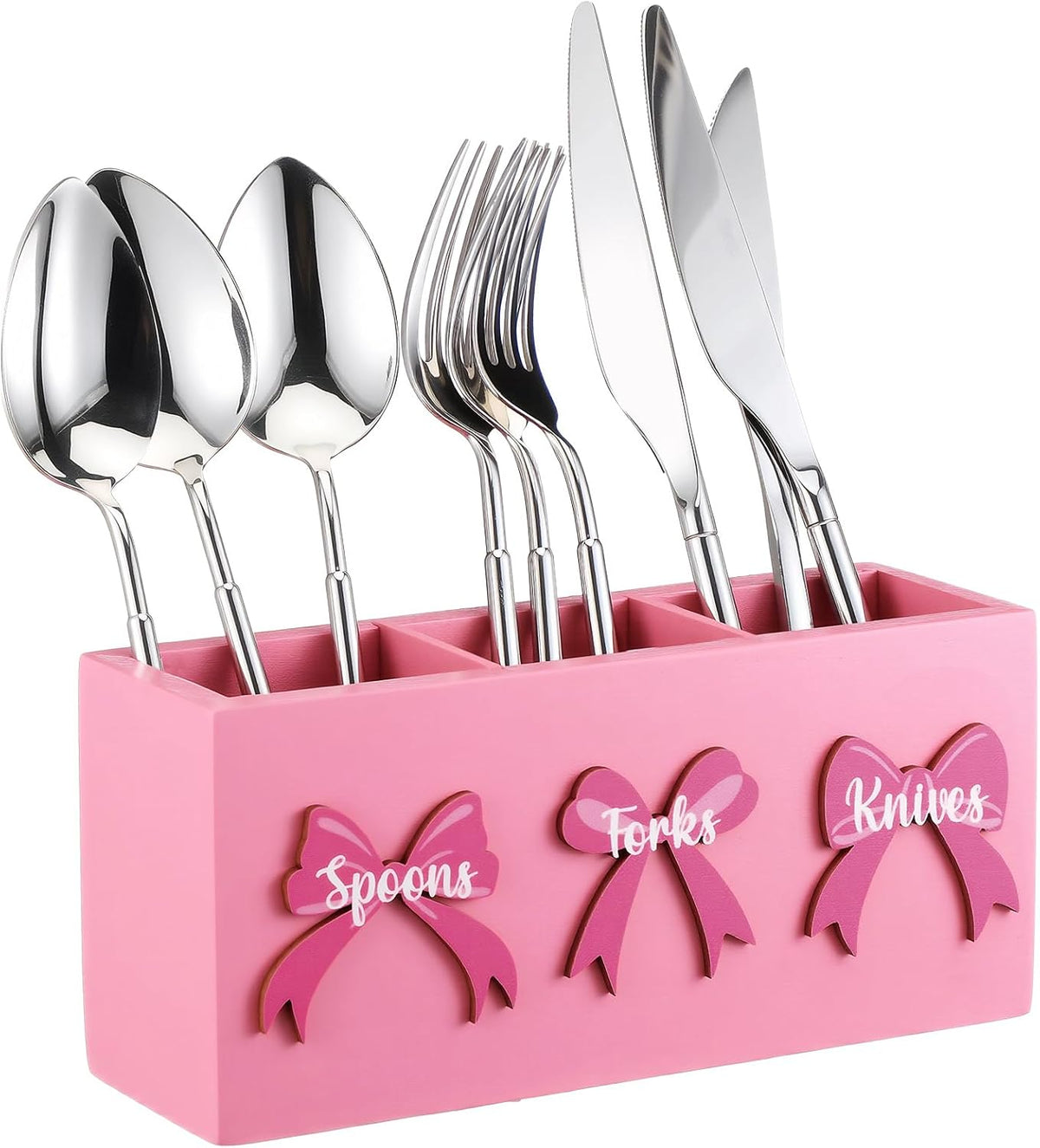 Pink Bow Wood Flatware Silverware Caddy for Countertop Small Decorative Christmas Utensil Holder Kitchen Counter with 3 Compartment Farmhouse Knife Spoon and Fork Holder for Party Kitchen