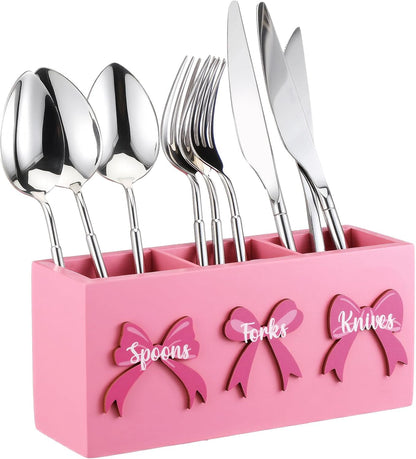 Pink Bow Wood Flatware Silverware Caddy for Countertop Small Decorative Christmas Utensil Holder Kitchen Counter with 3 Compartment Farmhouse Knife Spoon and Fork Holder for Party Kitchen