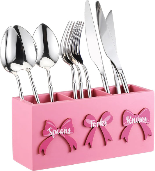 Pink Bow Wood Flatware Silverware Caddy for Countertop Small Decorative Christmas Utensil Holder Kitchen Counter with 3 Compartment Farmhouse Knife Spoon and Fork Holder for Party Kitchen
