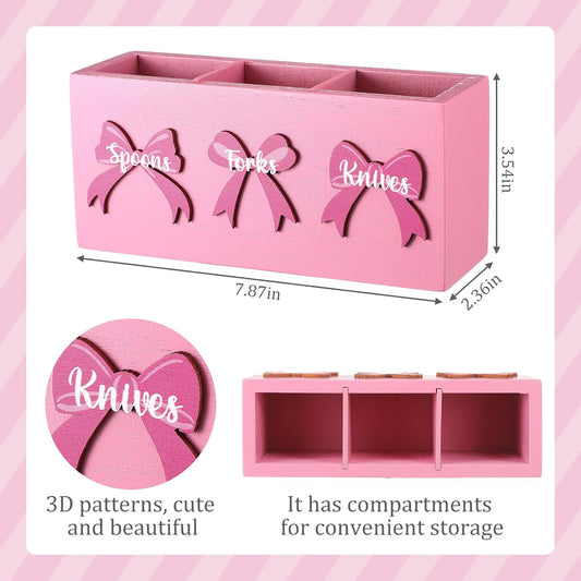 Pink Bow Wood Flatware Silverware Caddy for Countertop Small Decorative Christmas Utensil Holder Kitchen Counter with 3 Compartment Farmhouse Knife Spoon and Fork Holder for Party Kitchen