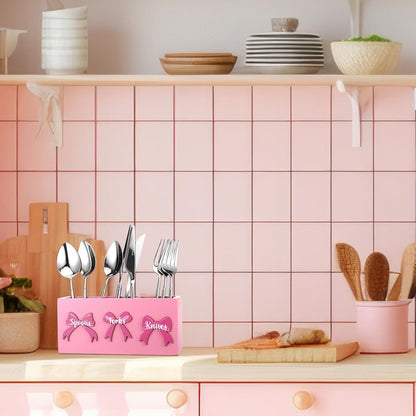 Pink Bow Wood Flatware Silverware Caddy for Countertop Small Decorative Christmas Utensil Holder Kitchen Counter with 3 Compartment Farmhouse Knife Spoon and Fork Holder for Party Kitchen