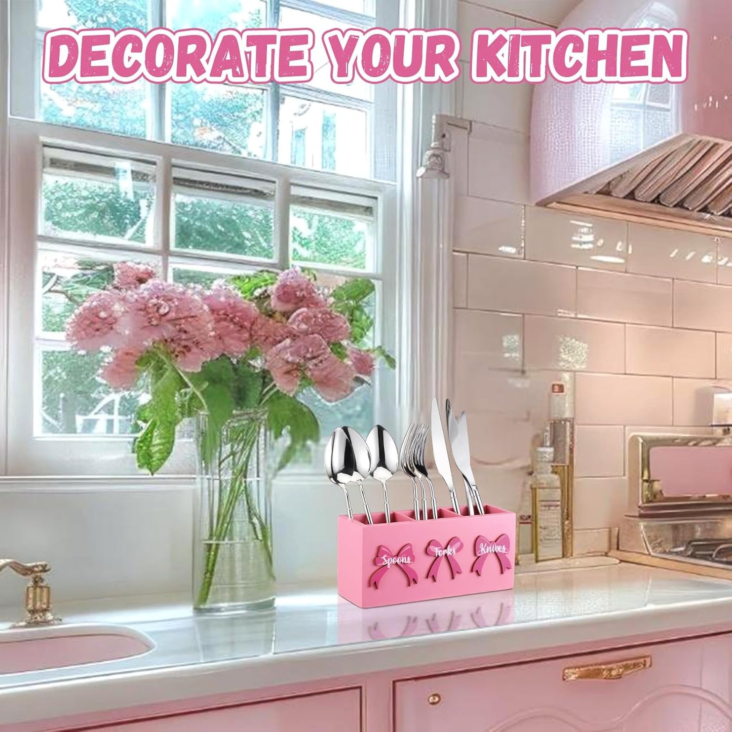Pink Bow Wood Flatware Silverware Caddy for Countertop Small Decorative Christmas Utensil Holder Kitchen Counter with 3 Compartment Farmhouse Knife Spoon and Fork Holder for Party Kitchen