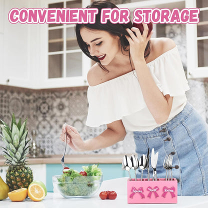 Pink Bow Wood Flatware Silverware Caddy for Countertop Small Decorative Christmas Utensil Holder Kitchen Counter with 3 Compartment Farmhouse Knife Spoon and Fork Holder for Party Kitchen