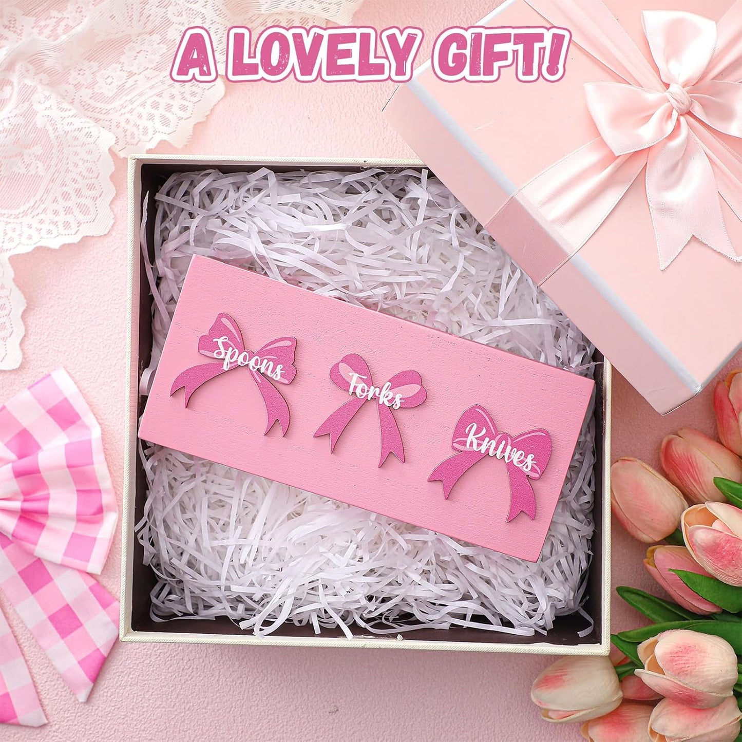 Pink Bow Wood Flatware Silverware Caddy for Countertop Small Decorative Christmas Utensil Holder Kitchen Counter with 3 Compartment Farmhouse Knife Spoon and Fork Holder for Party Kitchen