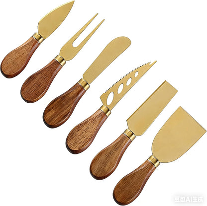 4 Gold Cheese Knife Set for Charcuterie Board, Wood Handle Stainless Steel Cheese Slicer & Cutter Utensils Gift for Christmas, Halloween, Thanksgiving & All Holidays (4 Gold Cheese Knife Set)