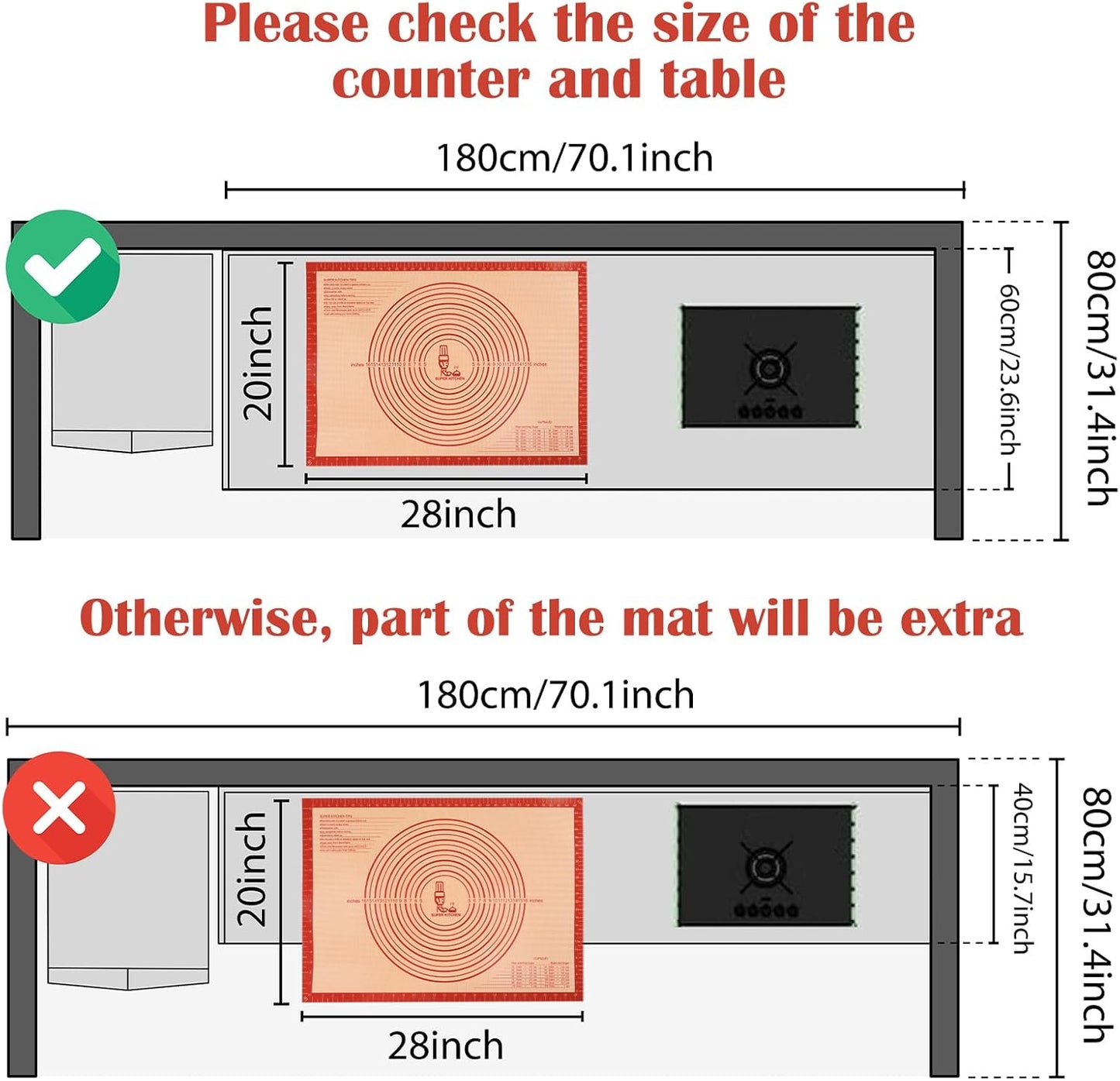 Non-slip Silicone Pastry Mat Extra Large with Measurements 28''By 20'' for Silicone Baking Mat, Counter, Dough Rolling, Oven Liner,Fondant/Pie Crust Red