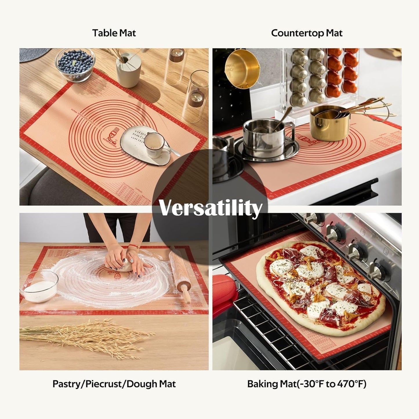 Non-slip Silicone Pastry Mat Extra Large with Measurements 28''By 20'' for Silicone Baking Mat, Counter, Dough Rolling, Oven Liner,Fondant/Pie Crust Red