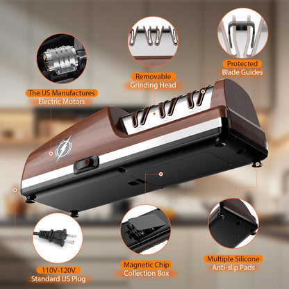 Replaceable Sharpener Electric Knife Sharpener, 3-Stage with 100% Diamond Abrasives & Precision Angle Guides, Kitchen Knife Sharpener with Sharpening and Polishing Function (Dark oak wood grain)
