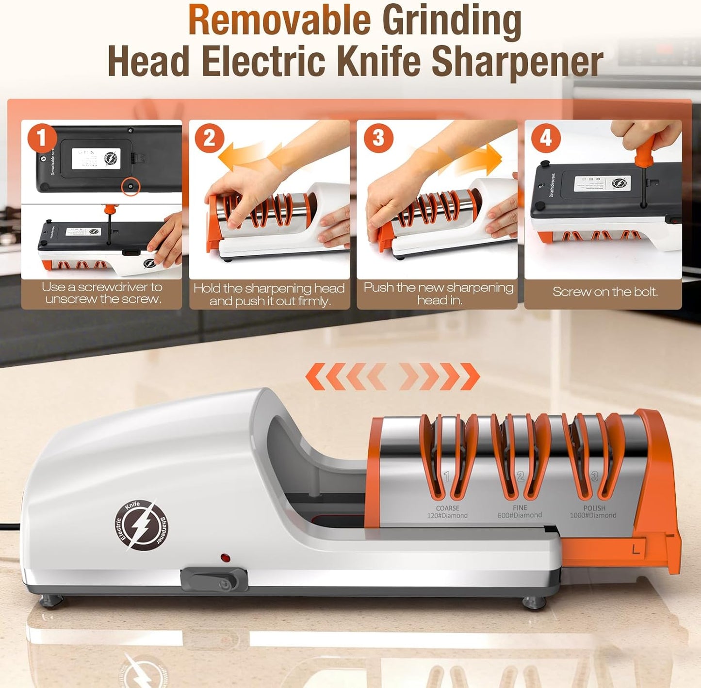 Replaceable Sharpener Electric Knife Sharpener, 3-Stage with 100% Diamond Abrasives & Precision Angle Guides, Kitchen Knife Sharpener with Sharpening and Polishing Function (Dark oak wood grain)