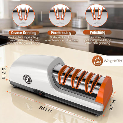 Replaceable Sharpener Electric Knife Sharpener, 3-Stage with 100% Diamond Abrasives & Precision Angle Guides, Kitchen Knife Sharpener with Sharpening and Polishing Function (Dark oak wood grain)