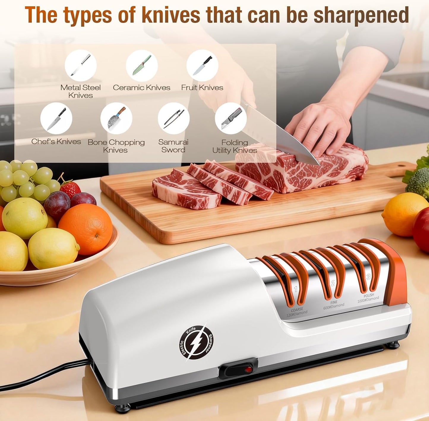 Replaceable Sharpener Electric Knife Sharpener, 3-Stage with 100% Diamond Abrasives & Precision Angle Guides, Kitchen Knife Sharpener with Sharpening and Polishing Function (Dark oak wood grain)
