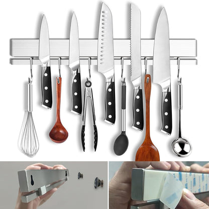 17 Inch Magnetic Knife Holder for Wall No Drill,Adhesive Knife Magnetic Strip with 12 Hooks,Kitchen Double Rods Stainless Steel Magnetic Utensil Holder(Silver)