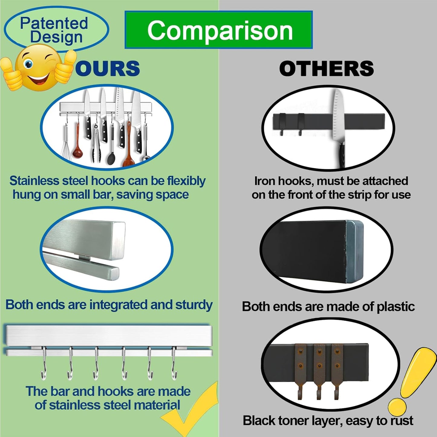 17 Inch Magnetic Knife Holder for Wall No Drill,Adhesive Knife Magnetic Strip with 12 Hooks,Kitchen Double Rods Stainless Steel Magnetic Utensil Holder(Silver)