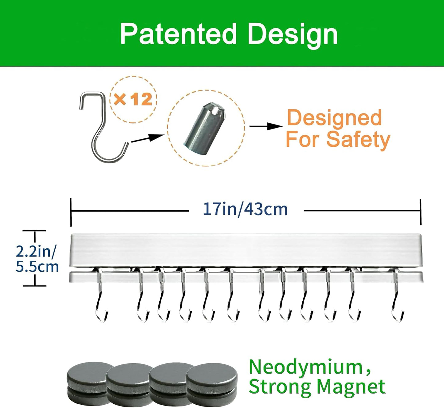 17 Inch Magnetic Knife Holder for Wall No Drill,Adhesive Knife Magnetic Strip with 12 Hooks,Kitchen Double Rods Stainless Steel Magnetic Utensil Holder(Silver)