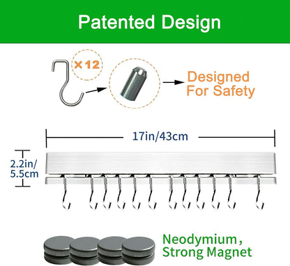 17 Inch Magnetic Knife Holder for Wall No Drill,Adhesive Knife Magnetic Strip with 12 Hooks,Kitchen Double Rods Stainless Steel Magnetic Utensil Holder(Silver)