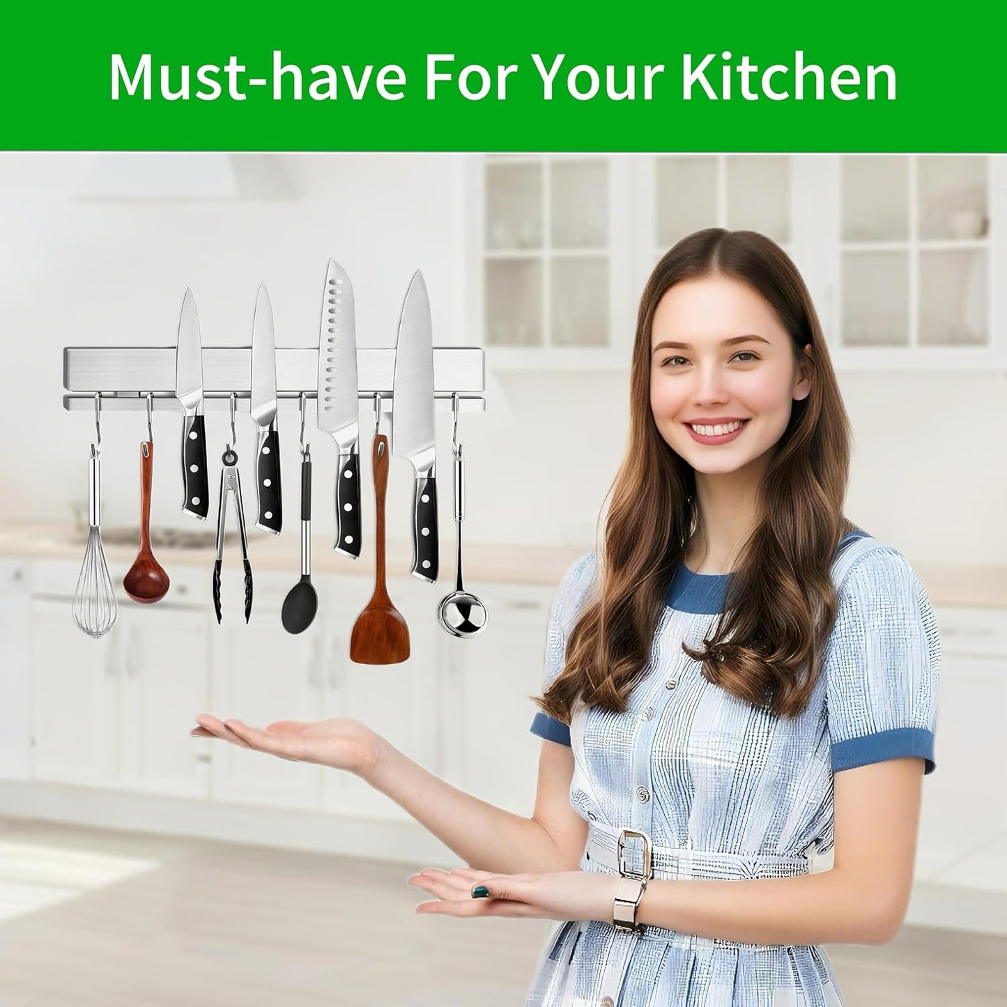 17 Inch Magnetic Knife Holder for Wall No Drill,Adhesive Knife Magnetic Strip with 12 Hooks,Kitchen Double Rods Stainless Steel Magnetic Utensil Holder(Silver)