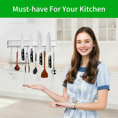17 Inch Magnetic Knife Holder for Wall No Drill,Adhesive Knife Magnetic Strip with 12 Hooks,Kitchen Double Rods Stainless Steel Magnetic Utensil Holder(Silver)