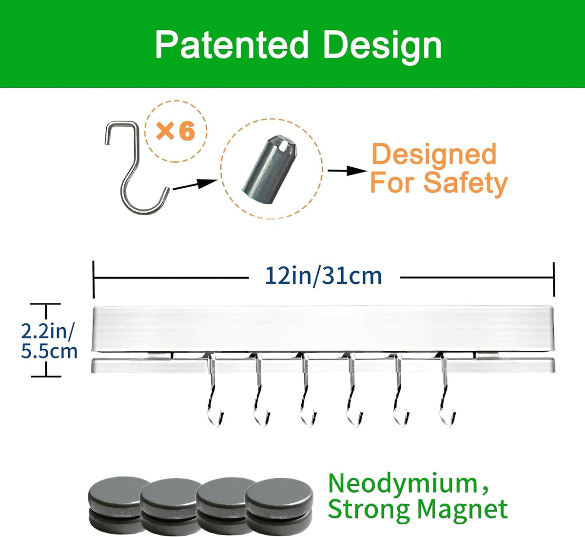 17 Inch Magnetic Knife Holder for Wall No Drill,Adhesive Knife Magnetic Strip with 12 Hooks,Kitchen Double Rods Stainless Steel Magnetic Utensil Holder(Silver)