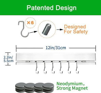17 Inch Magnetic Knife Holder for Wall No Drill,Adhesive Knife Magnetic Strip with 12 Hooks,Kitchen Double Rods Stainless Steel Magnetic Utensil Holder(Silver)
