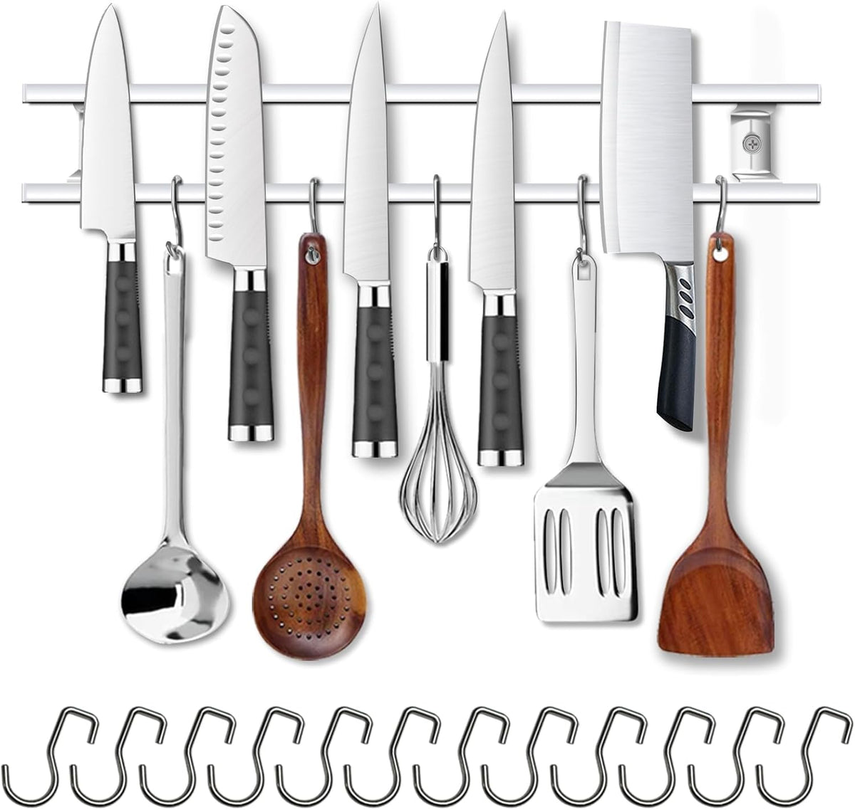 17 Inch Magnetic Knife Holder for Wall No Drill,Adhesive Knife Magnetic Strip with 12 Hooks,Kitchen Double Rods Stainless Steel Magnetic Utensil Holder(Silver)