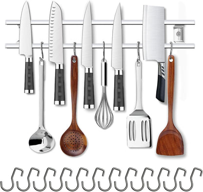 17 Inch Magnetic Knife Holder for Wall No Drill,Adhesive Knife Magnetic Strip with 12 Hooks,Kitchen Double Rods Stainless Steel Magnetic Utensil Holder(Silver)