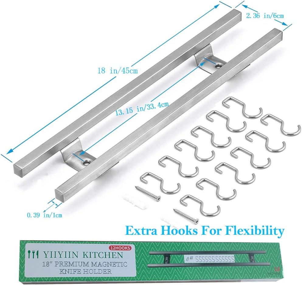 17 Inch Magnetic Knife Holder for Wall No Drill,Adhesive Knife Magnetic Strip with 12 Hooks,Kitchen Double Rods Stainless Steel Magnetic Utensil Holder(Silver)