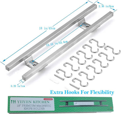 17 Inch Magnetic Knife Holder for Wall No Drill,Adhesive Knife Magnetic Strip with 12 Hooks,Kitchen Double Rods Stainless Steel Magnetic Utensil Holder(Silver)