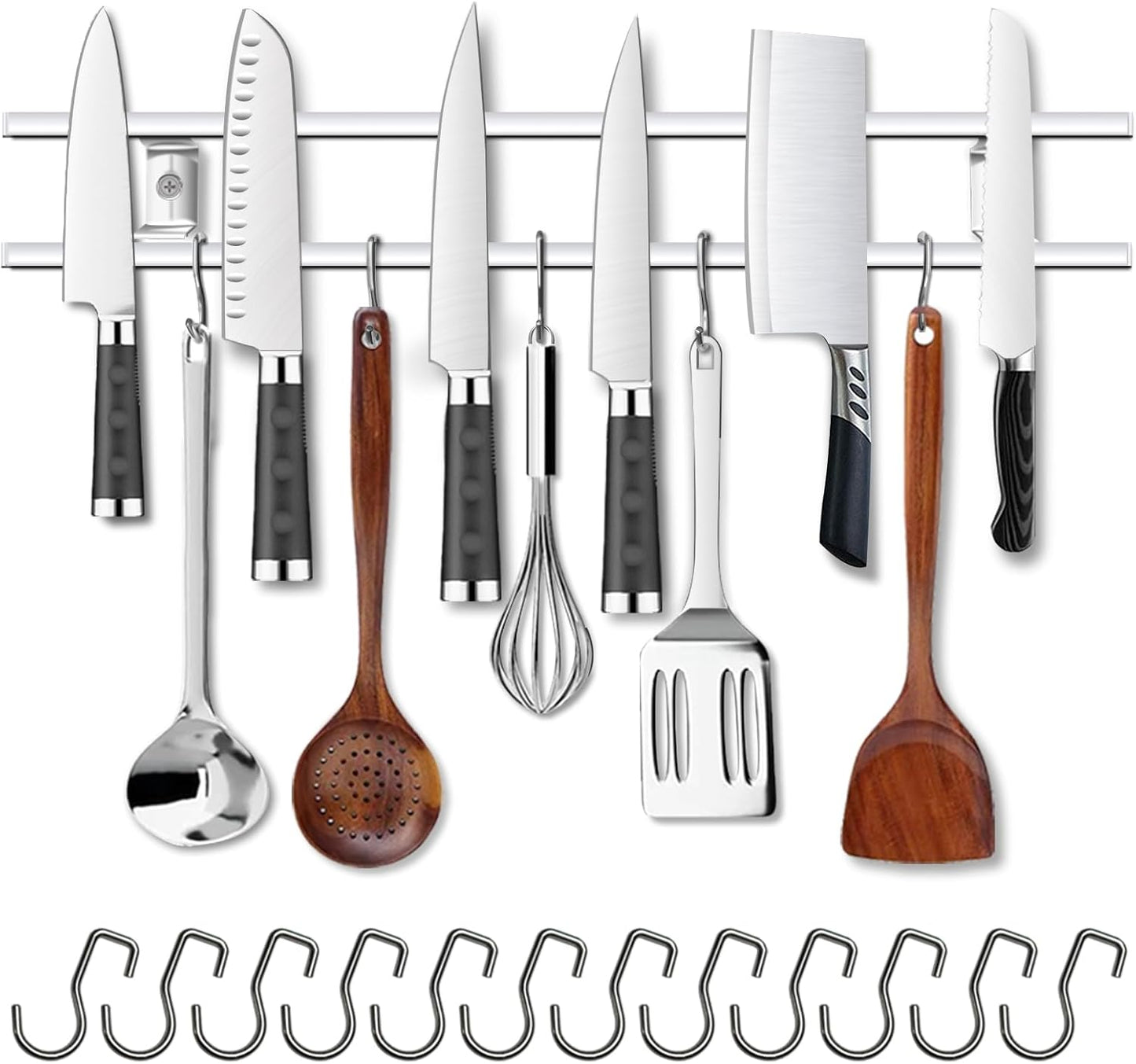 17 Inch Magnetic Knife Holder for Wall No Drill,Adhesive Knife Magnetic Strip with 12 Hooks,Kitchen Double Rods Stainless Steel Magnetic Utensil Holder(Silver)