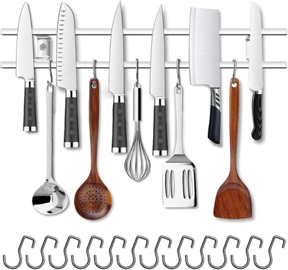 17 Inch Magnetic Knife Holder for Wall No Drill,Adhesive Knife Magnetic Strip with 12 Hooks,Kitchen Double Rods Stainless Steel Magnetic Utensil Holder(Silver)