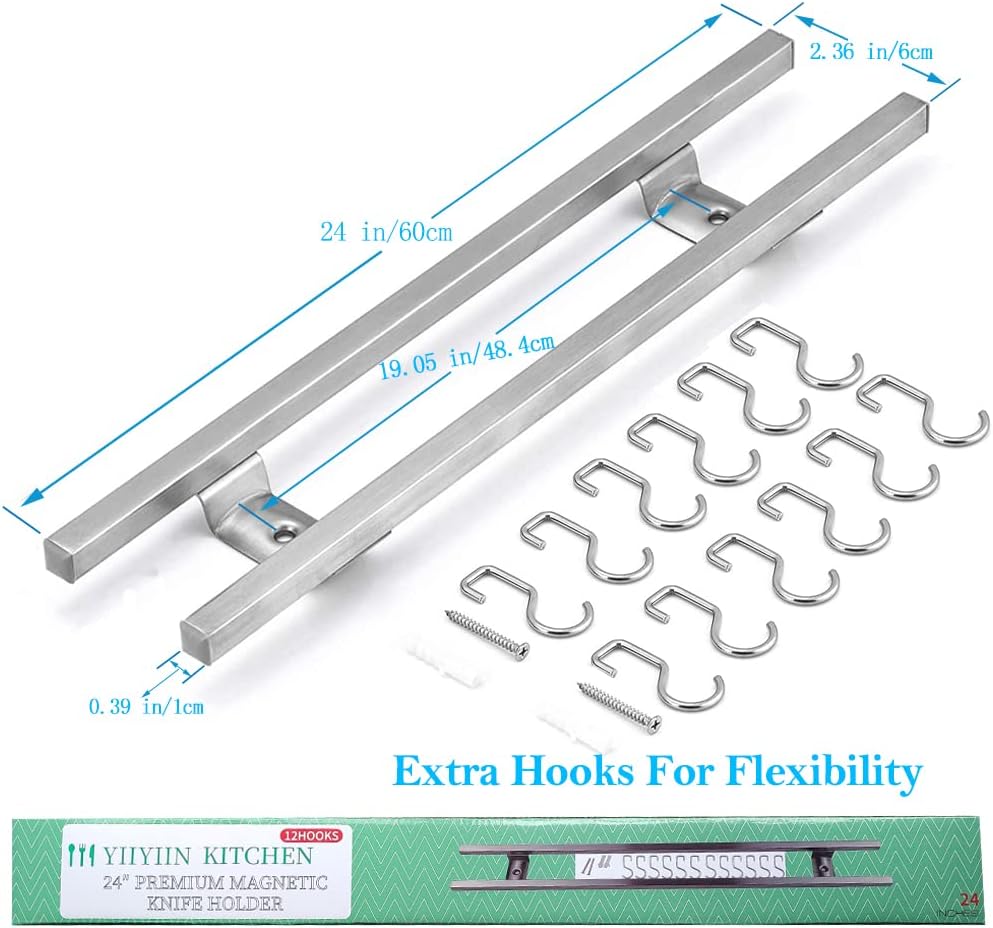 17 Inch Magnetic Knife Holder for Wall No Drill,Adhesive Knife Magnetic Strip with 12 Hooks,Kitchen Double Rods Stainless Steel Magnetic Utensil Holder(Silver)