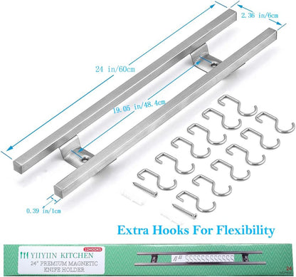 17 Inch Magnetic Knife Holder for Wall No Drill,Adhesive Knife Magnetic Strip with 12 Hooks,Kitchen Double Rods Stainless Steel Magnetic Utensil Holder(Silver)
