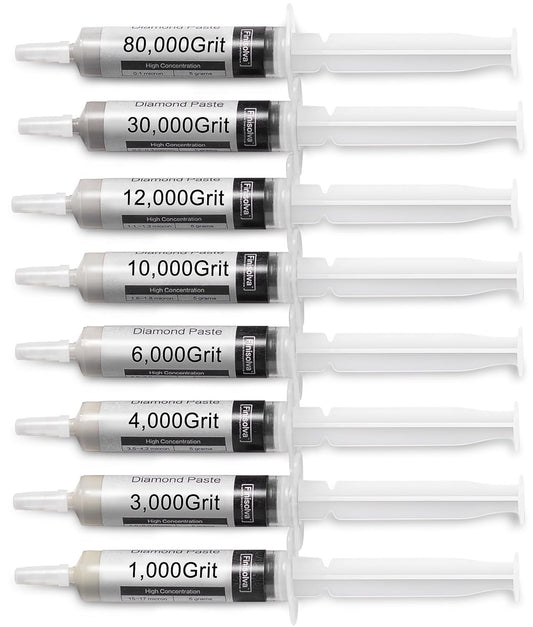 Diamond Paste Polishing and Lapping Compound Kit, 8 Pack, 1,000-80,000 Grit | 50% Concentration of Diamond Powder, 40 G, Stropping Scratch Remover for Glass Watch Crystals Metal Jewelry Resin Knife Rock