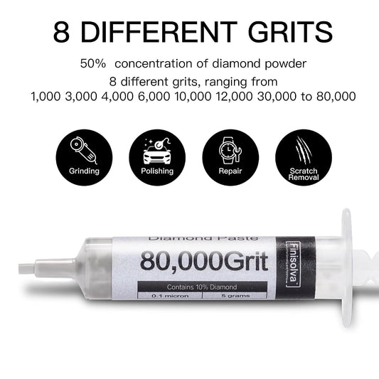 Diamond Paste Polishing and Lapping Compound Kit, 8 Pack, 1,000-80,000 Grit | 50% Concentration of Diamond Powder, 40 G, Stropping Scratch Remover for Glass Watch Crystals Metal Jewelry Resin Knife Rock