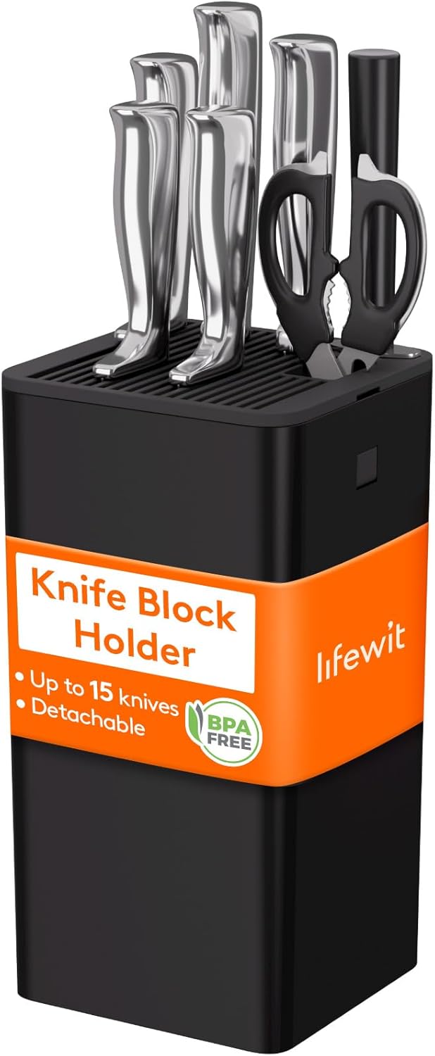 Plastic Knife Block Holder without Knives for 15 Knives, Black | Universal Knife Block holds up to 15 knives, 1 scissors & sharpening rods, Kitchen Counter Organizer with Detachable Slots