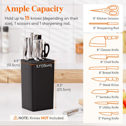 Plastic Knife Block Holder without Knives for 15 Knives, Black | Universal Knife Block holds up to 15 knives, 1 scissors & sharpening rods, Kitchen Counter Organizer with Detachable Slots