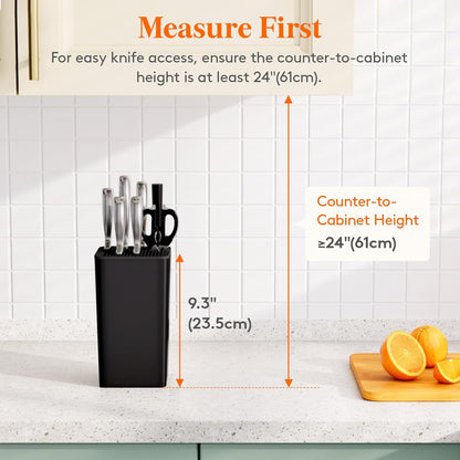 Plastic Knife Block Holder without Knives for 15 Knives, Black | Universal Knife Block holds up to 15 knives, 1 scissors & sharpening rods, Kitchen Counter Organizer with Detachable Slots