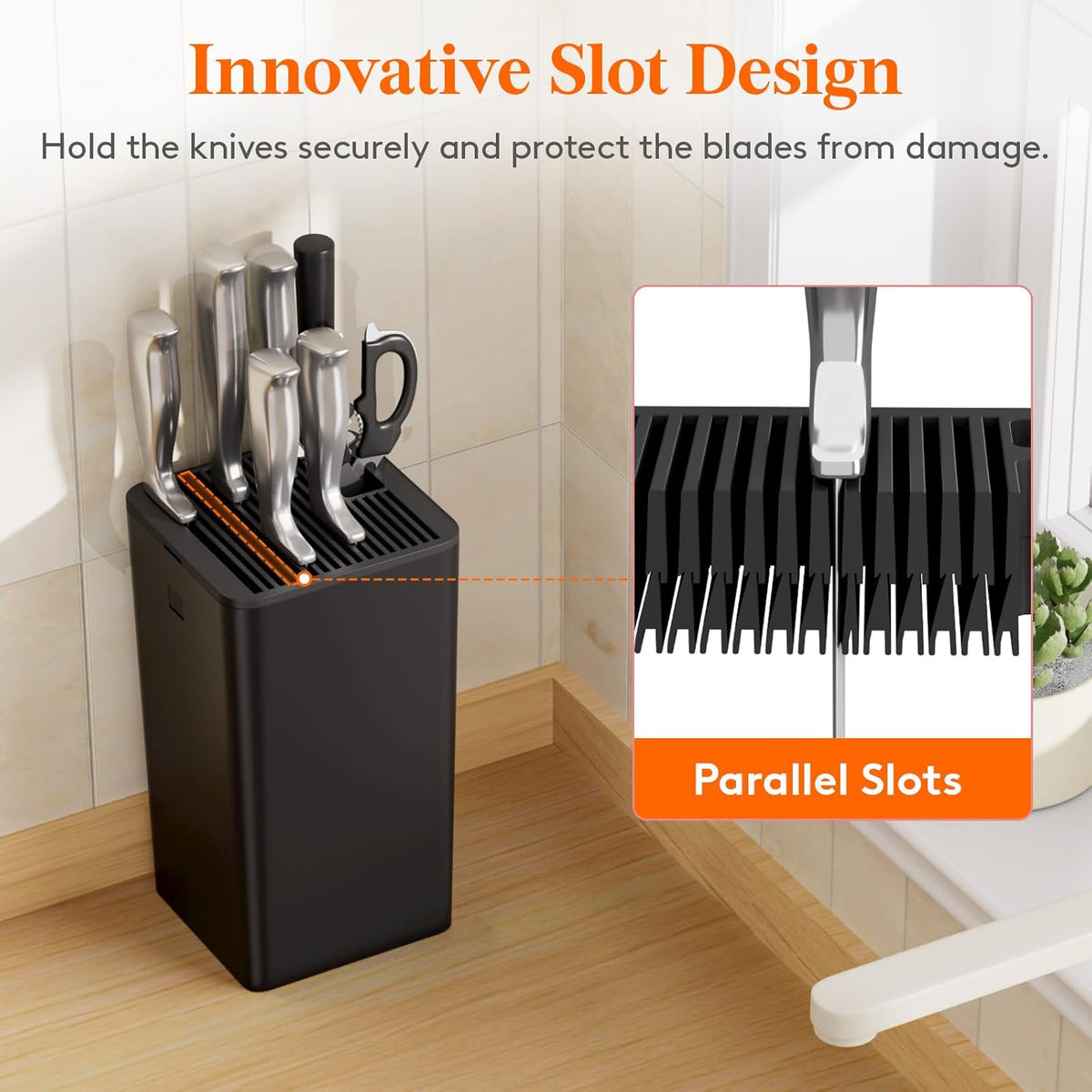 Plastic Knife Block Holder without Knives for 15 Knives, Black | Universal Knife Block holds up to 15 knives, 1 scissors & sharpening rods, Kitchen Counter Organizer with Detachable Slots
