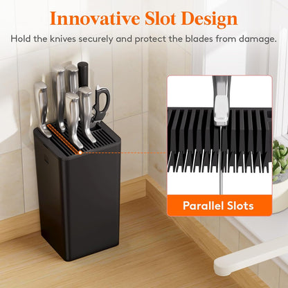 Plastic Knife Block Holder without Knives for 15 Knives, Black | Universal Knife Block holds up to 15 knives, 1 scissors & sharpening rods, Kitchen Counter Organizer with Detachable Slots