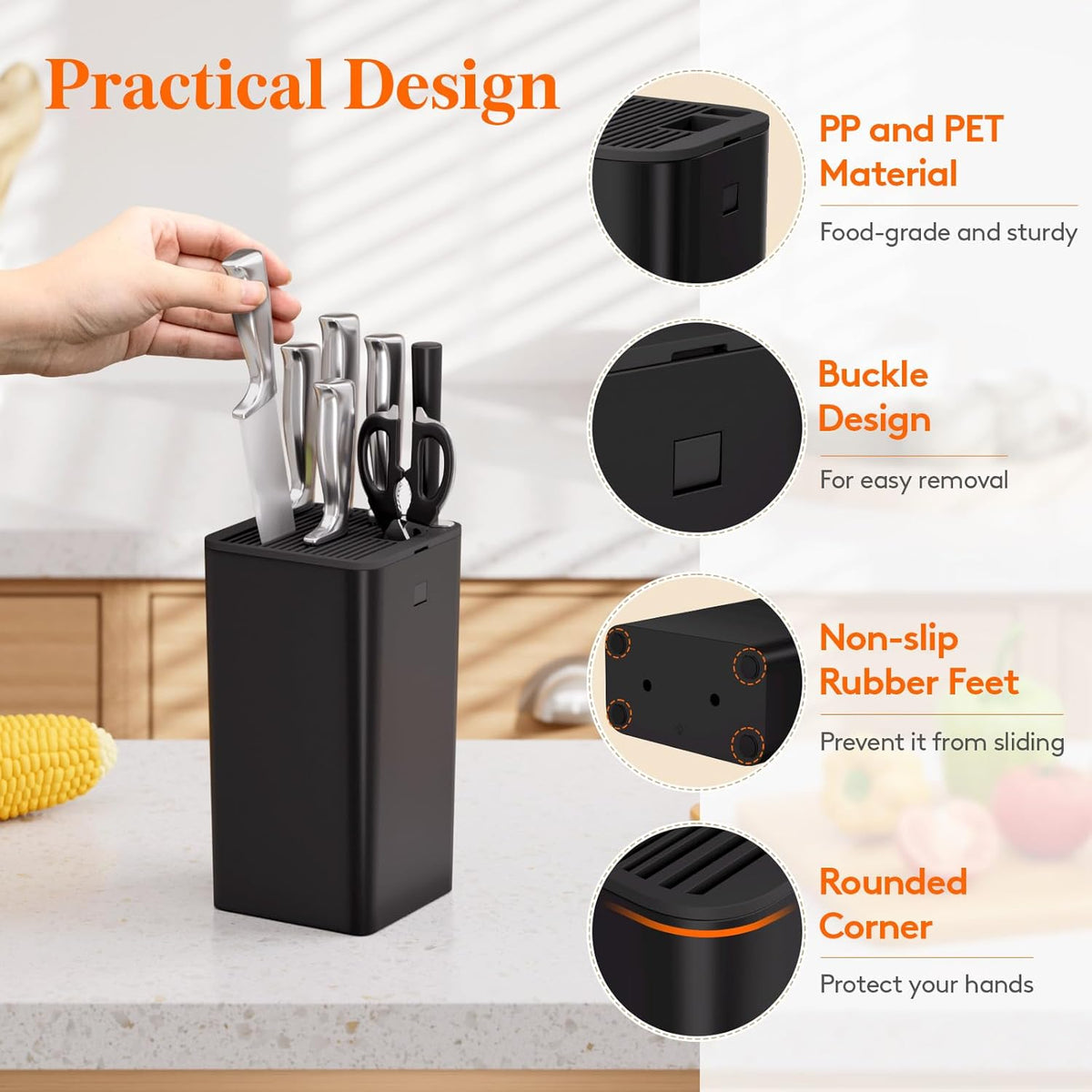 Plastic Knife Block Holder without Knives for 15 Knives, Black | Universal Knife Block holds up to 15 knives, 1 scissors & sharpening rods, Kitchen Counter Organizer with Detachable Slots