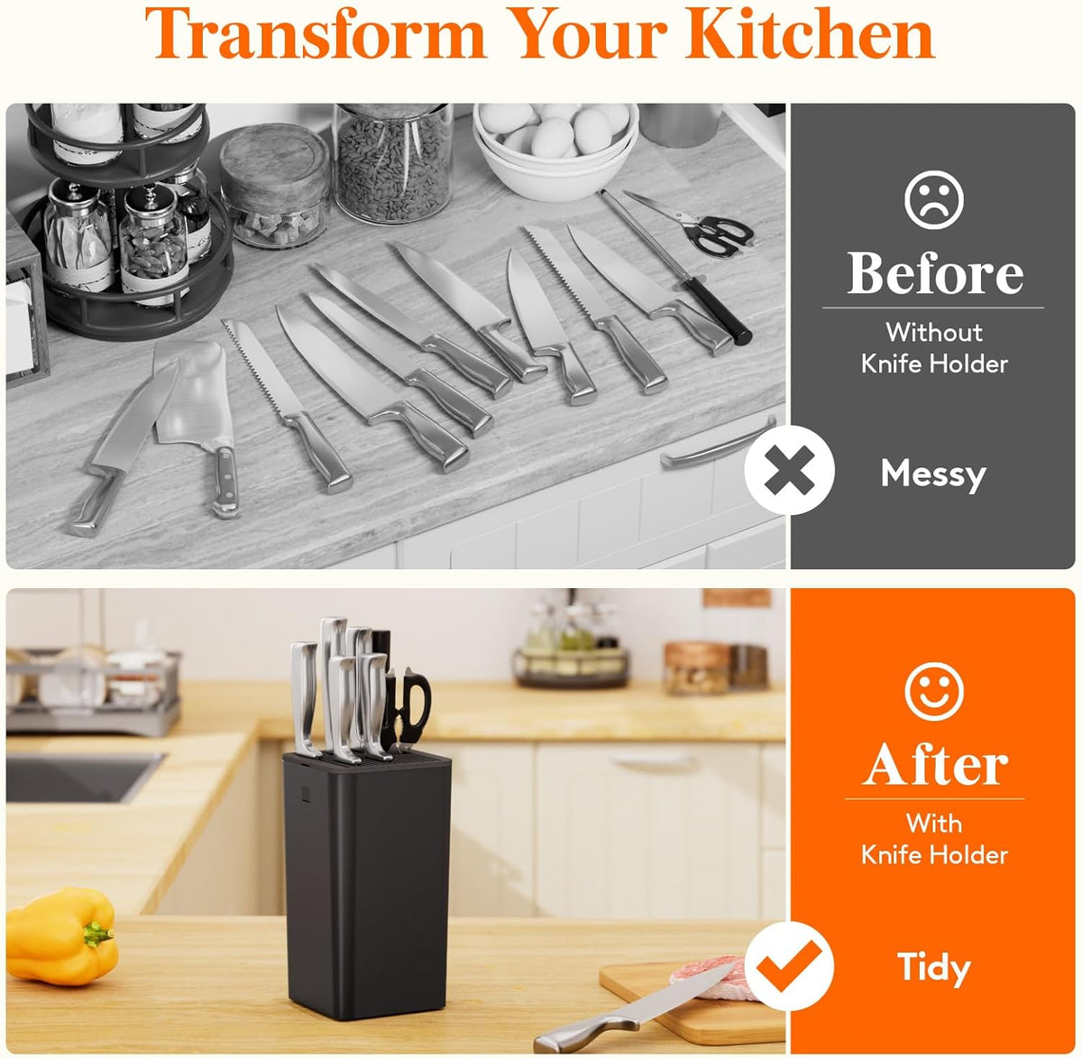 Plastic Knife Block Holder without Knives for 15 Knives, Black | Universal Knife Block holds up to 15 knives, 1 scissors & sharpening rods, Kitchen Counter Organizer with Detachable Slots