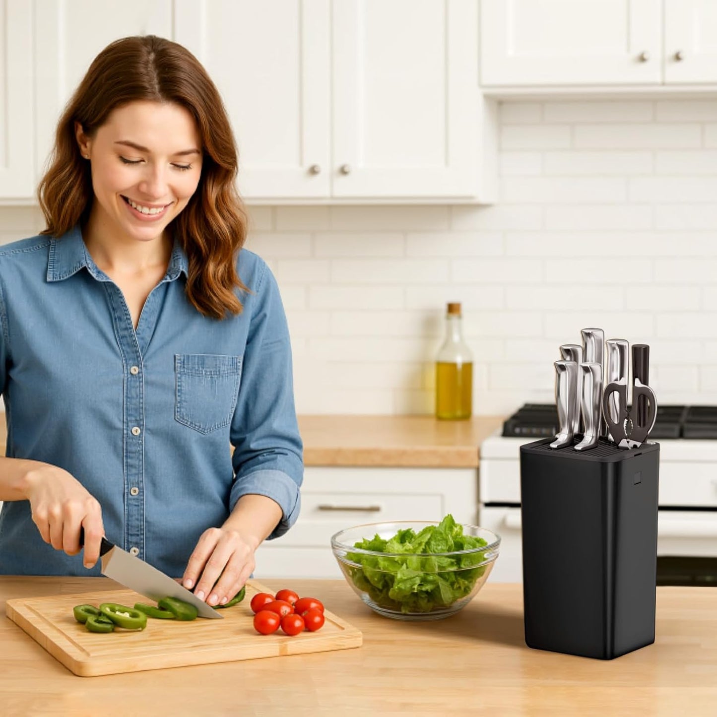 Plastic Knife Block Holder without Knives for 15 Knives, Black | Universal Knife Block holds up to 15 knives, 1 scissors & sharpening rods, Kitchen Counter Organizer with Detachable Slots
