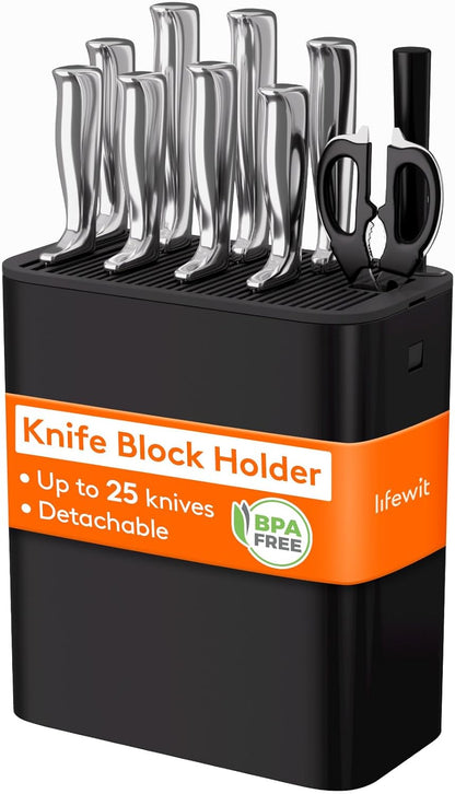 Plastic Knife Block Holder without Knives for 15 Knives, Black | Universal Knife Block holds up to 15 knives, 1 scissors & sharpening rods, Kitchen Counter Organizer with Detachable Slots