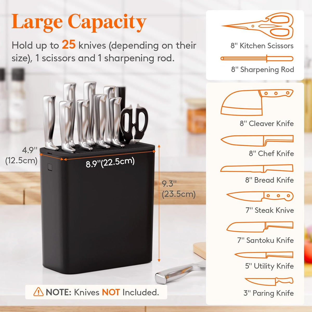 Plastic Knife Block Holder without Knives for 15 Knives, Black | Universal Knife Block holds up to 15 knives, 1 scissors & sharpening rods, Kitchen Counter Organizer with Detachable Slots