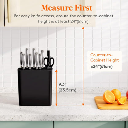 Plastic Knife Block Holder without Knives for 15 Knives, Black | Universal Knife Block holds up to 15 knives, 1 scissors & sharpening rods, Kitchen Counter Organizer with Detachable Slots